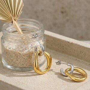 18K Gold Plated Two Tone Stainless Steel Convertible Hoop Earrings Modern 2in1